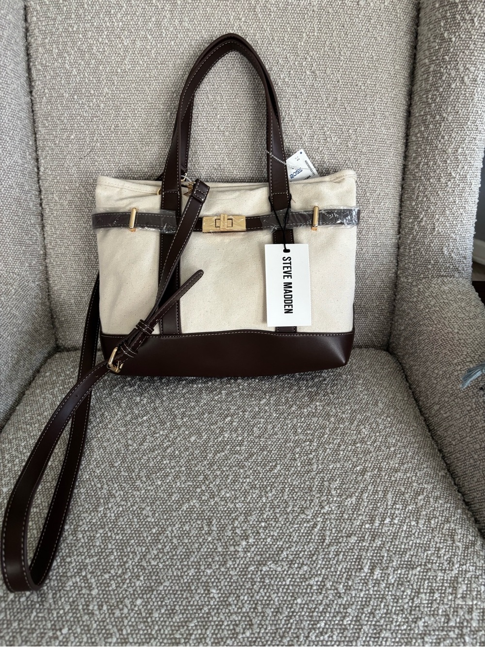 Steve Madden Cream and Dark Brown Canvas Satchel Tote